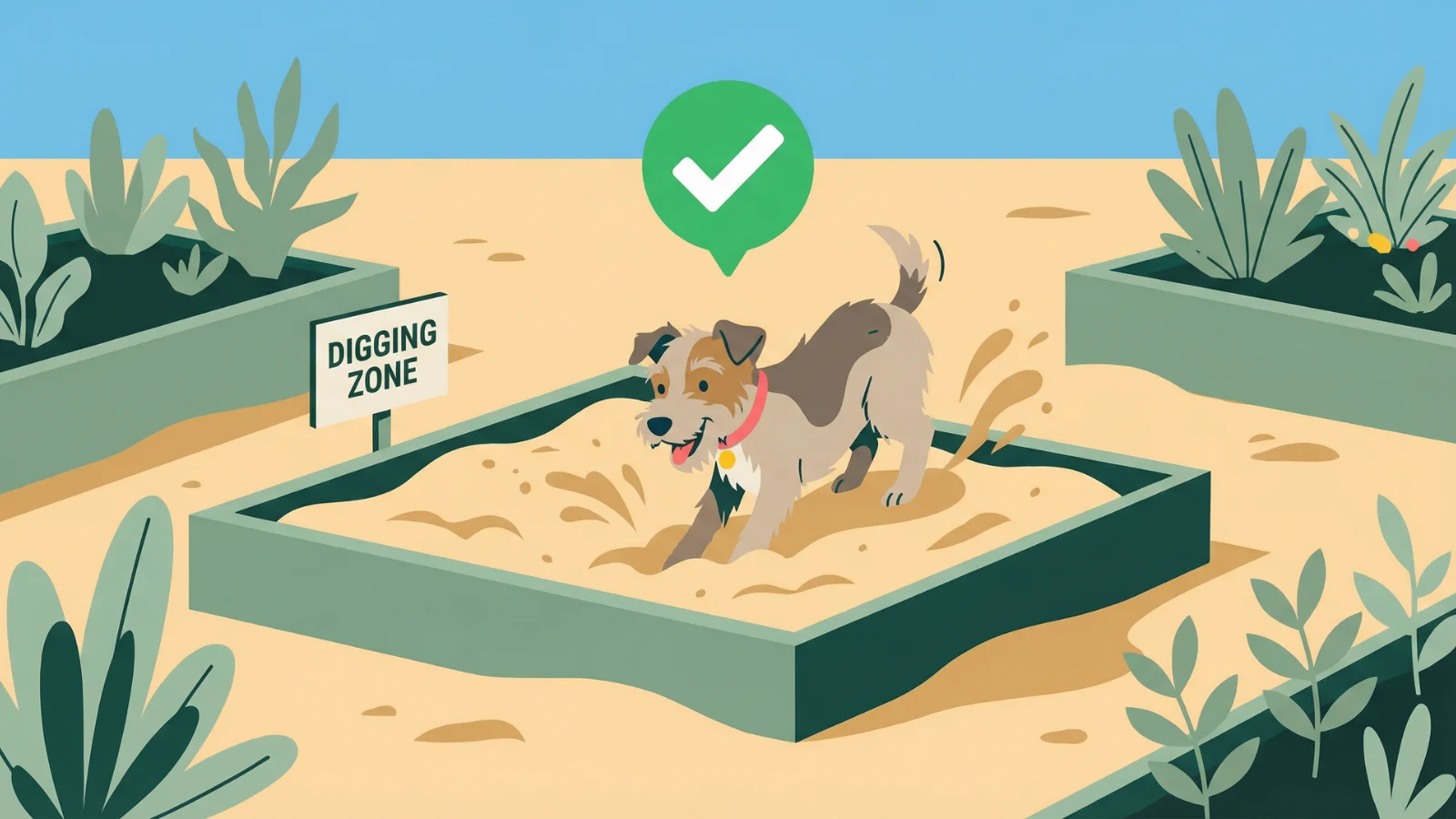 Illustration of a happy dog actively digging in a supervised sandbox zone to naturally wear down front claws through vigorous movement.