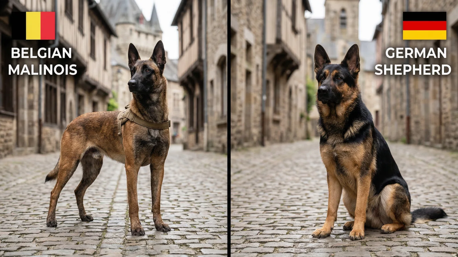 A Belgian Malinois dog vs German Shepherd showing their European breed origins and distinct physical characteristics.