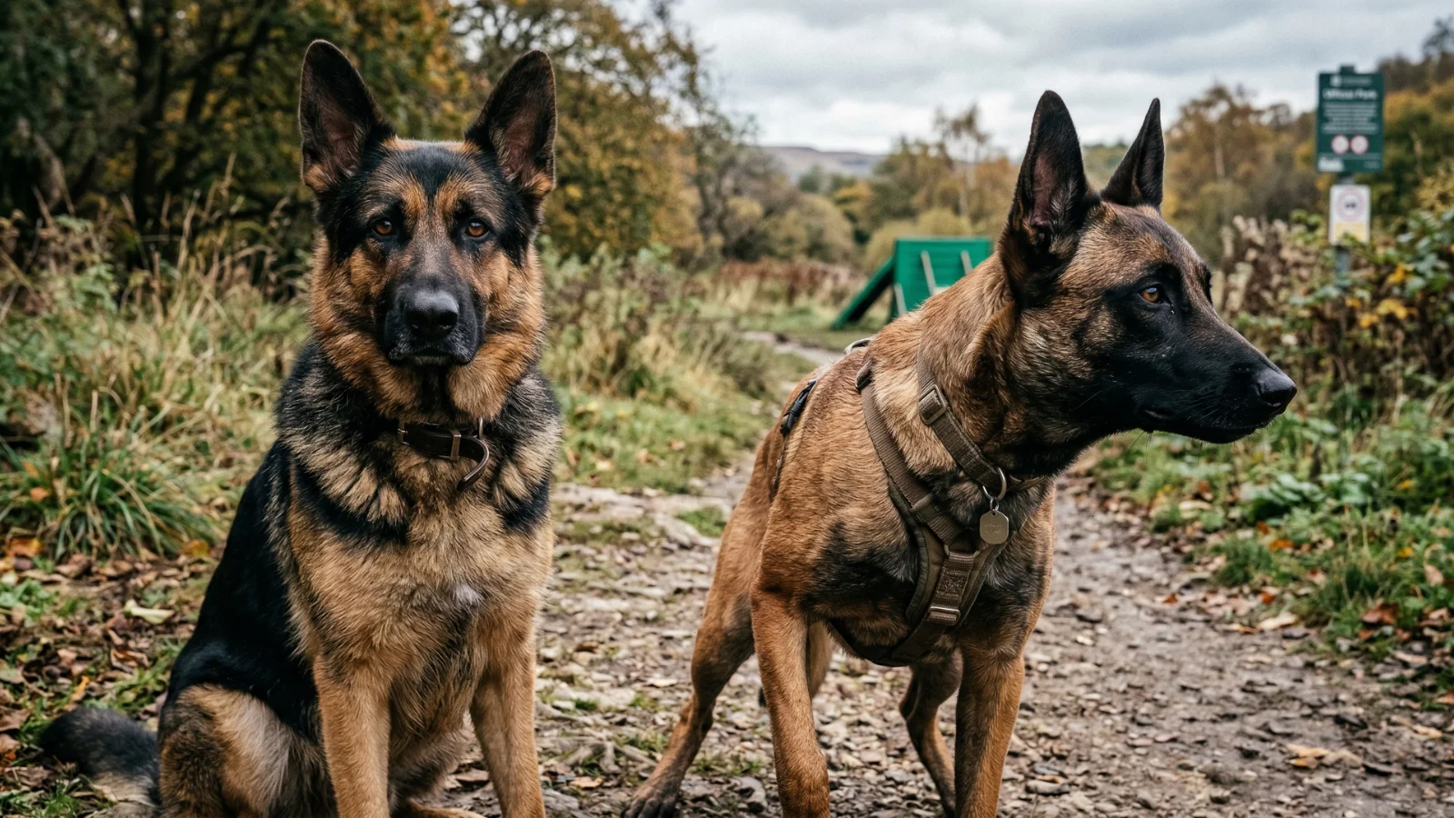 Belgian Malinois vs German Shepherd comparison on an outdoor woodland trail, with the Malinois wearing a tactical harness and the German Shepherd sitting calmly.