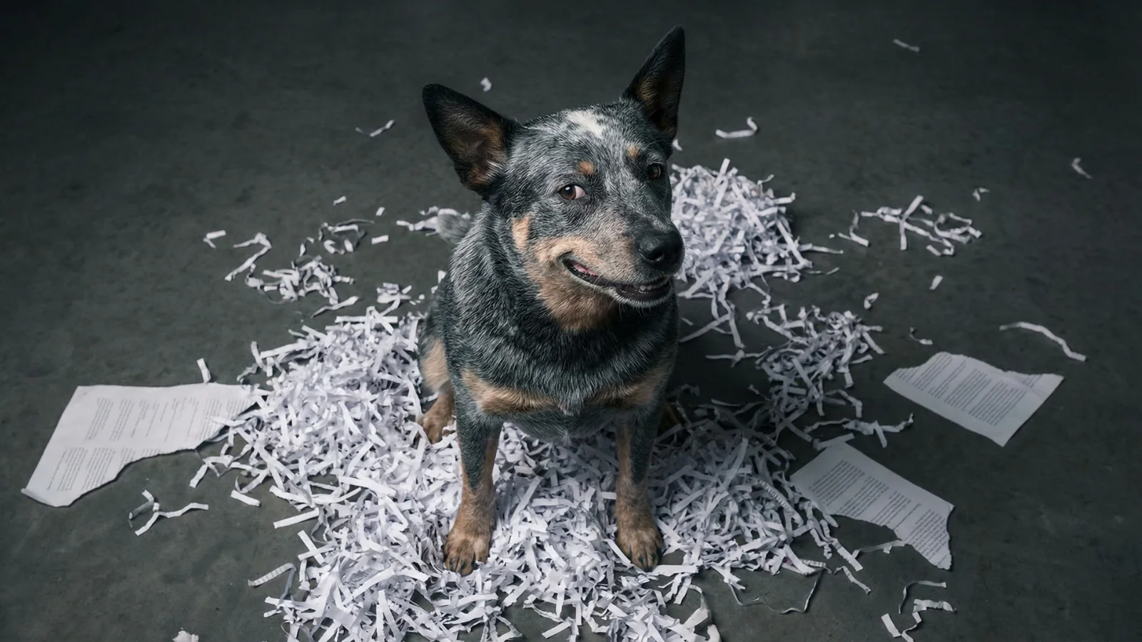 Most intelligent dog breeds can develop behaviour problems when bored, shown by a dog surrounded by shredded paper indoors
