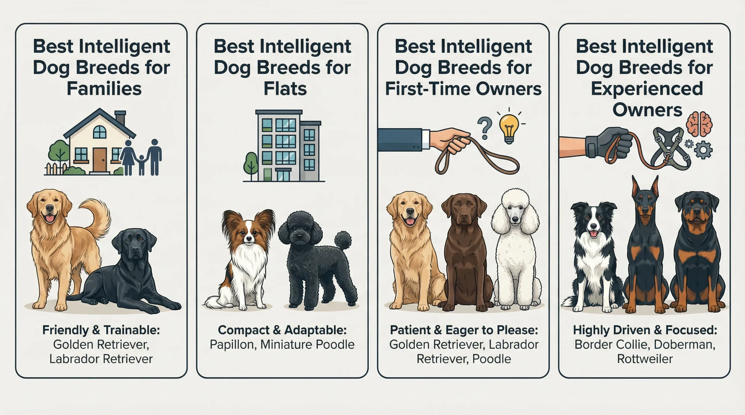 Most Intelligent Dog Breeds by Lifestyle and Owner Experience Most intelligent dog breeds by lifestyle, showing the best intelligent dogs for families, flats, first-time owners, and experienced owners