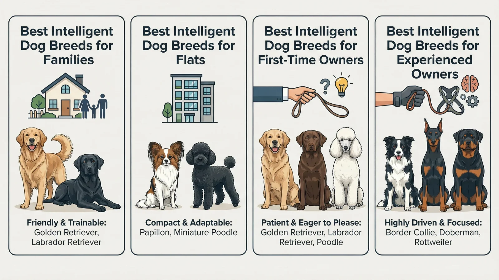Most intelligent dog breeds by lifestyle, showing the best intelligent dogs for families, flats, first-time owners, and experienced owners