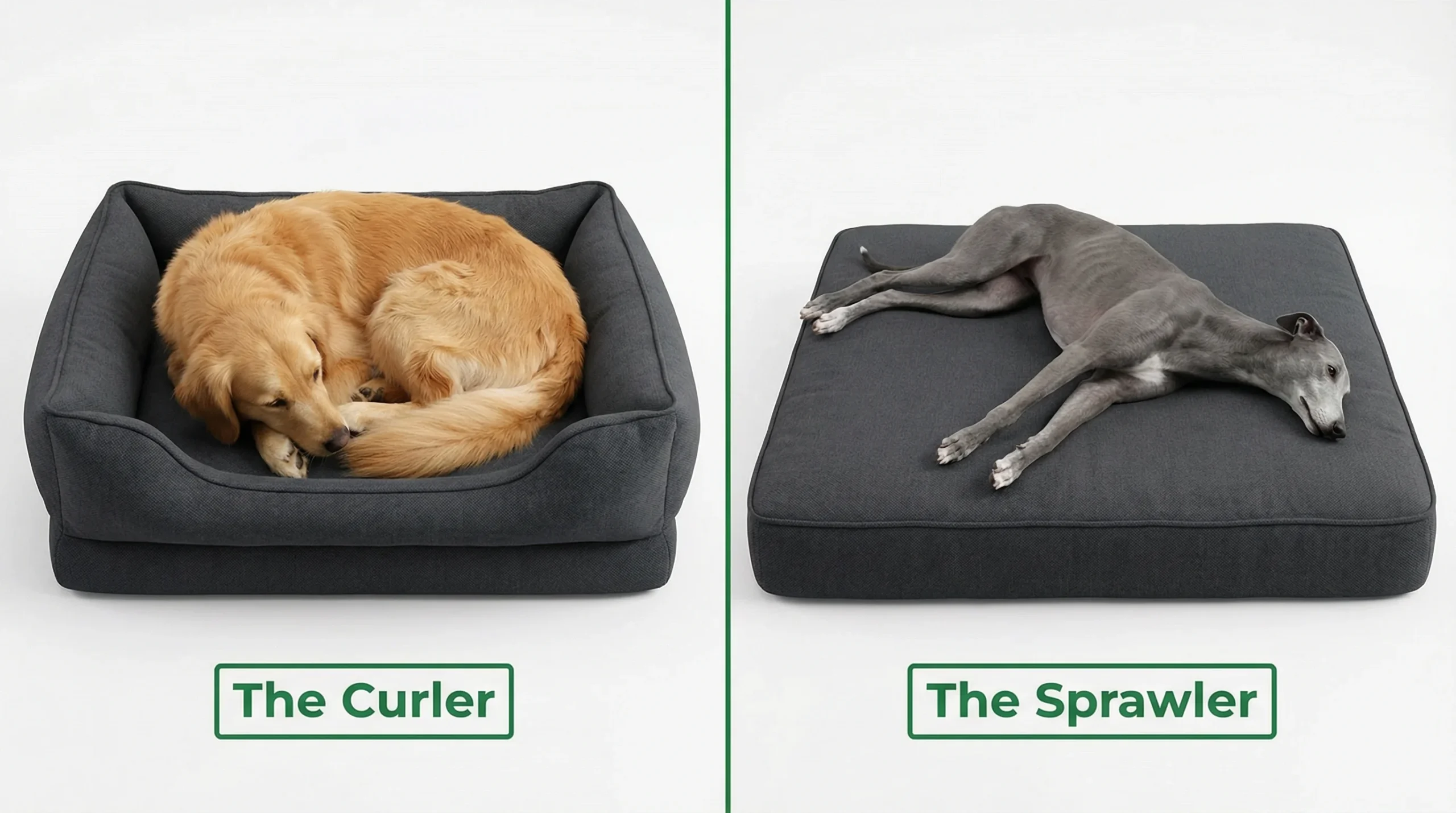 Comparison guide for choosing the best dog bed for large dogs: A Golden Retriever curling in a bolster bed versus a Greyhound sprawling on a flat mattress.