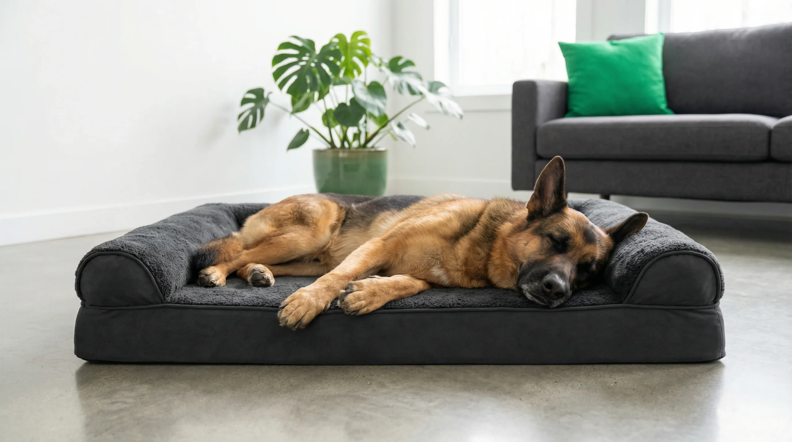 Best dog beds for large dogs UK featuring a German Shepherd sleeping on a grey orthopaedic mattress to support joints.