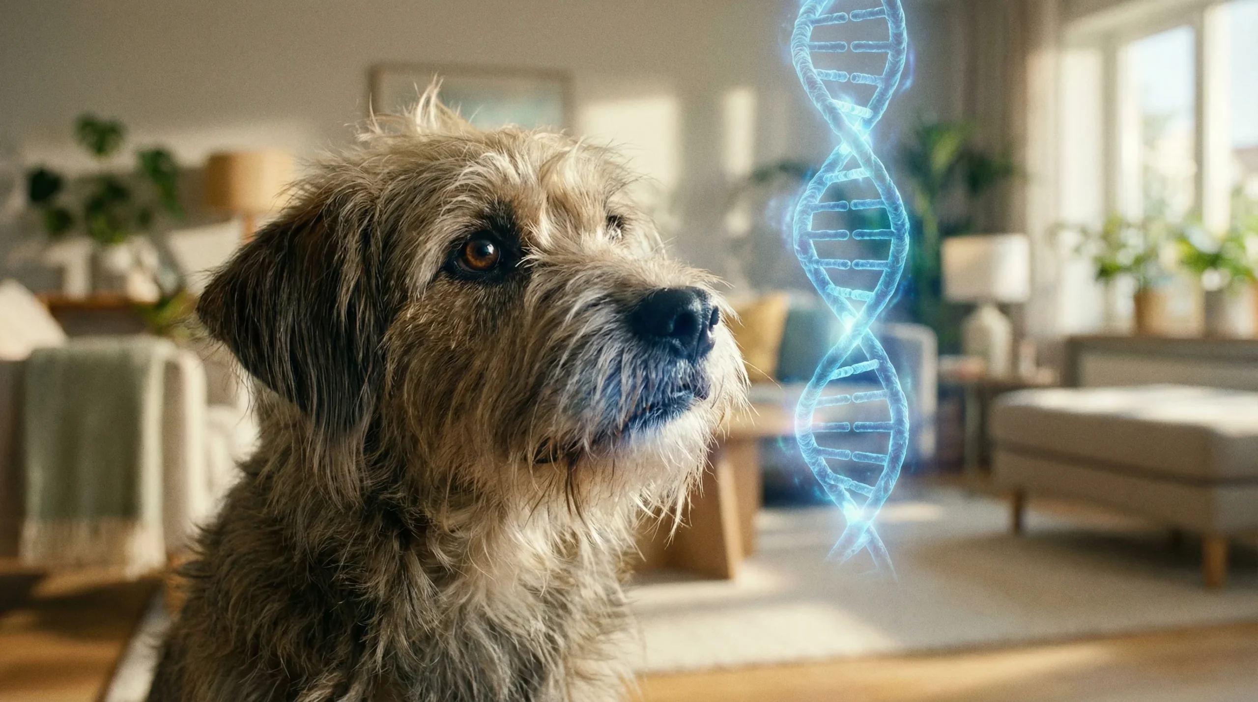 A scruffy mixed-breed dog gazing at a glowing blue DNA double helix, illustrating the best dog DNA tests in the UK for breed identification and health screening.