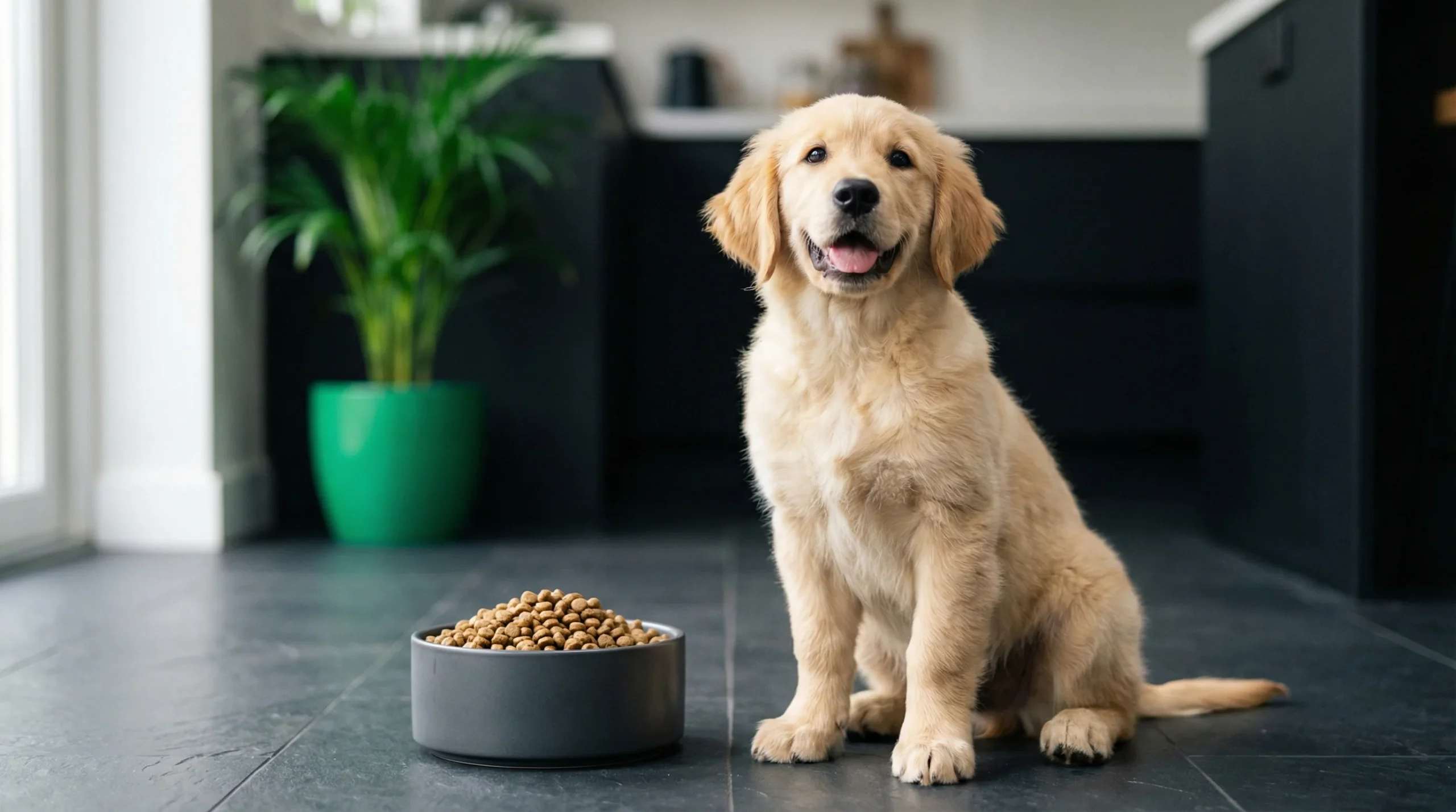 A happy Golden Retriever puppy sitting obediently next to a bowl filled with large breed puppy food kibble on a modern slate kitchen floor.