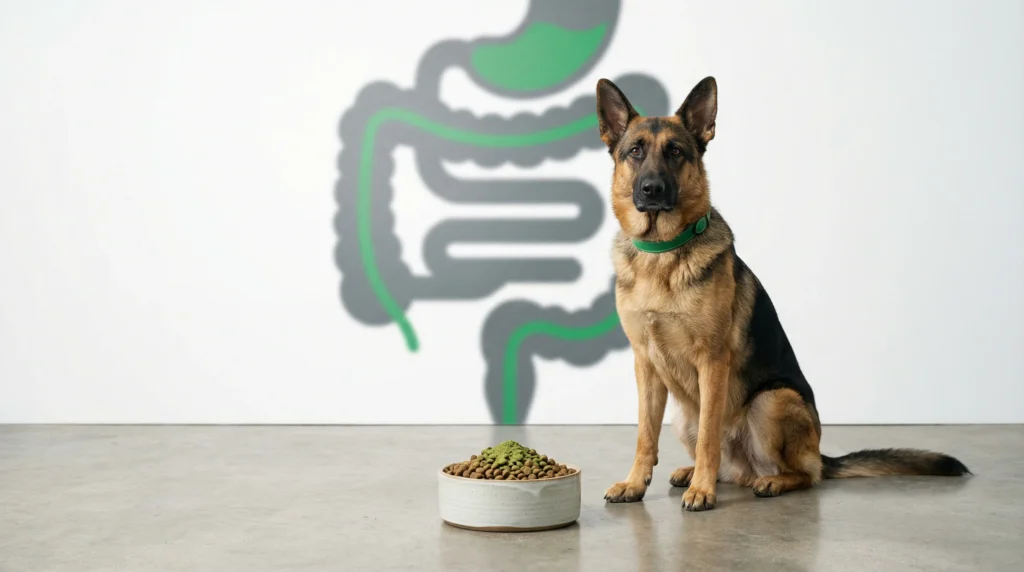 A German Shepherd dog sitting next to a food bowl topped with green probiotic powder, with a stylized digestive tract graphic in the background representing the best probiotics for dogs.