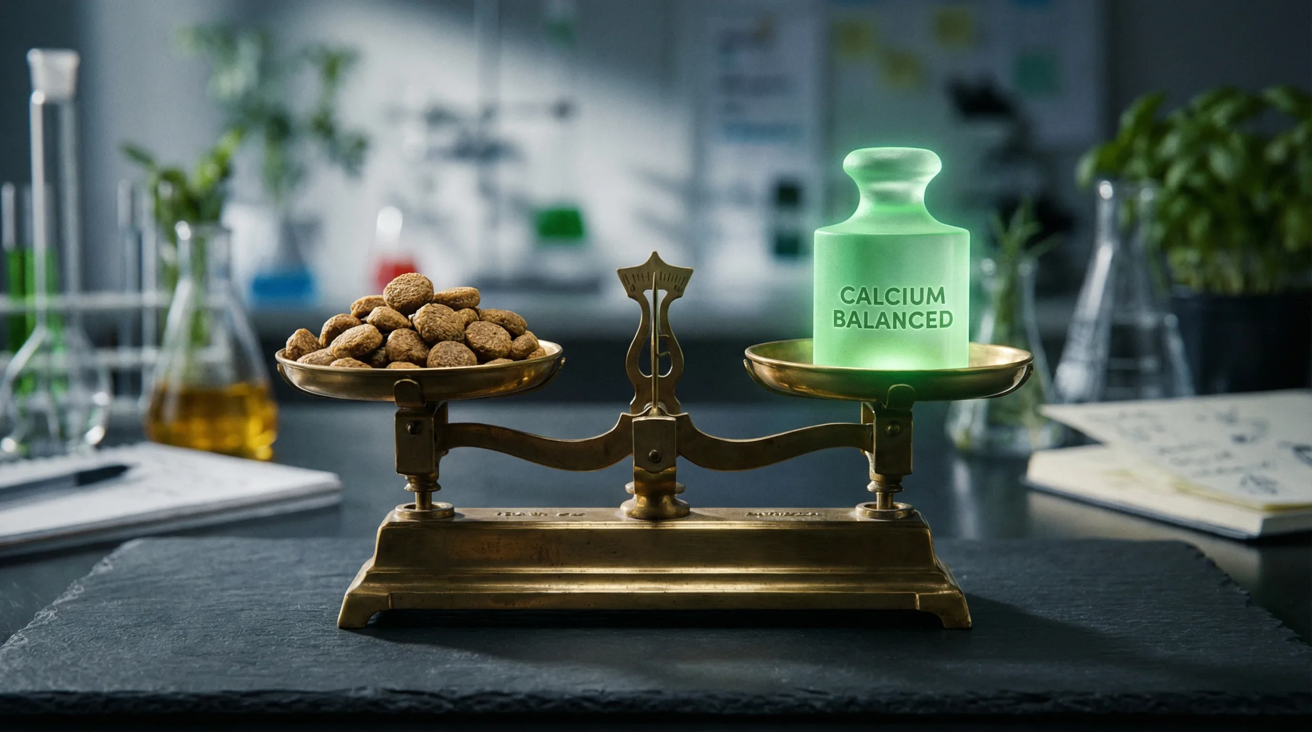 A vintage balance scale in a laboratory setting showing a portion of dog kibble perfectly balanced against a glowing green weight labeled "CALCIUM BALANCED".
