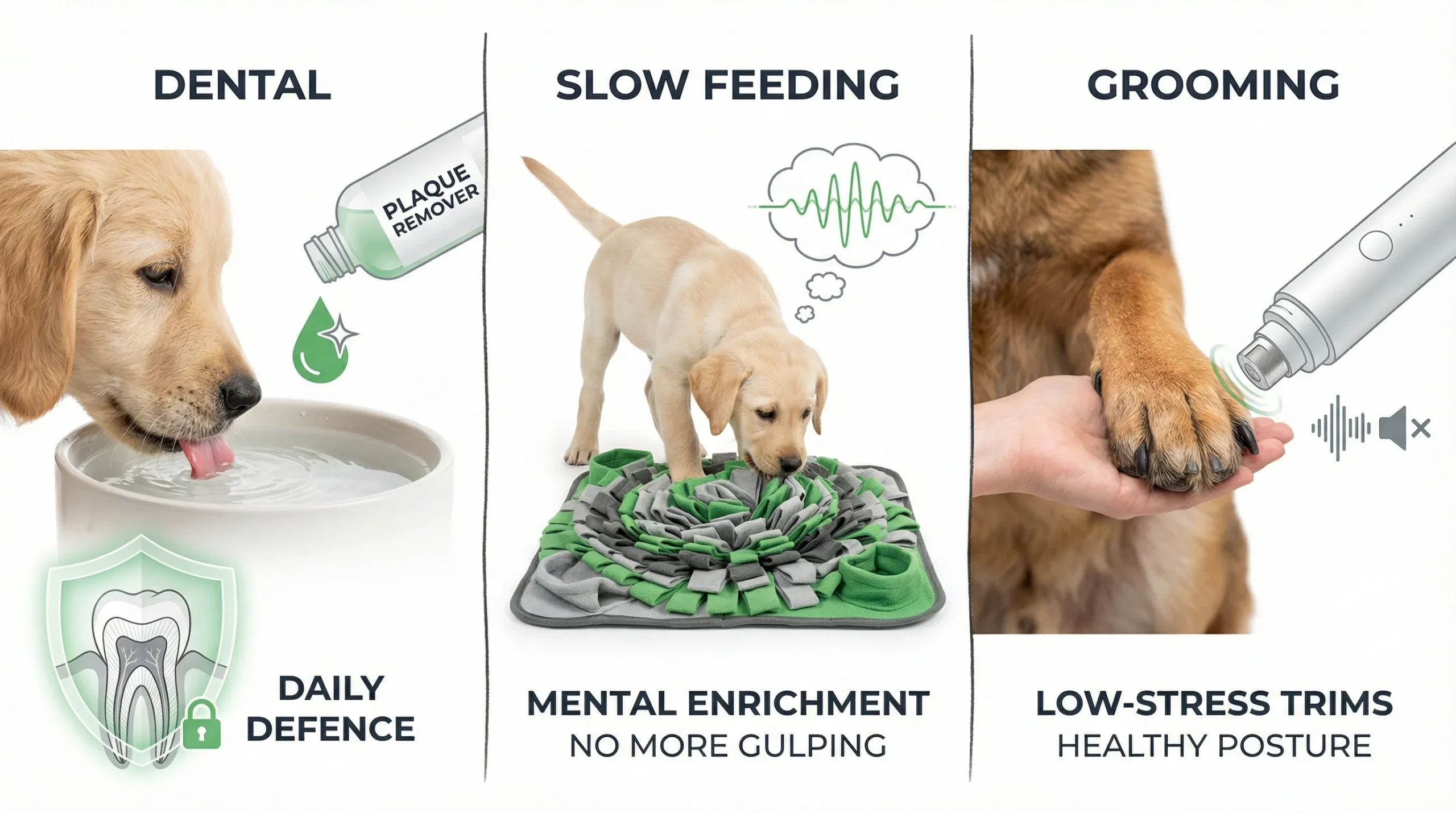 A three-panel infographic showing dental plaque removal, a puppy using a snuffle mat to slow down eating large breed puppy food, and a dog getting a low-stress nail trim.