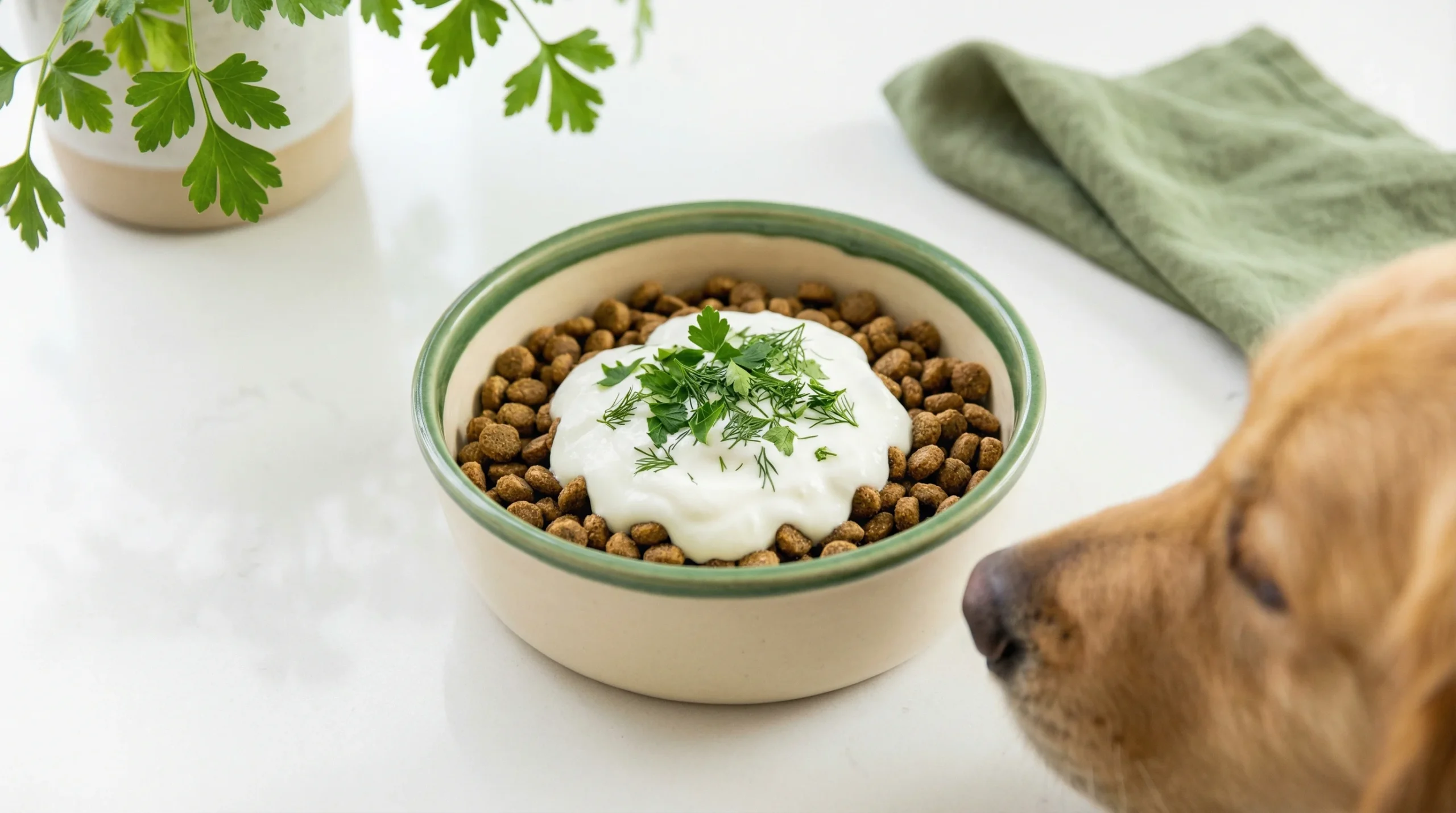 A ceramic dog bowl filled with kibble and topped with kefir and herbs, illustrating natural options for the best probiotics for dogs.