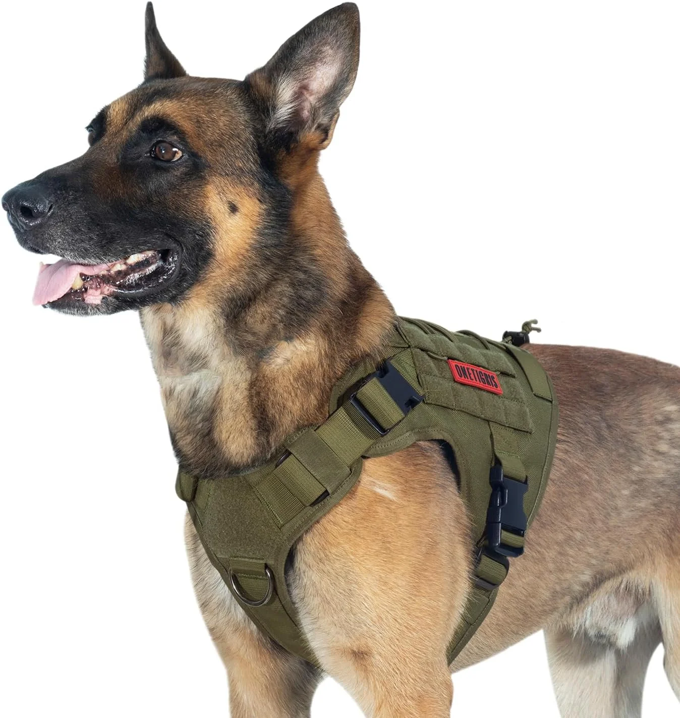 OneTigris Fire Watcher Tactical Vest German Shepherd Dog wearing a military-green OneTigris tactical vest. Features MOLLE side panels and a control handle on the back.