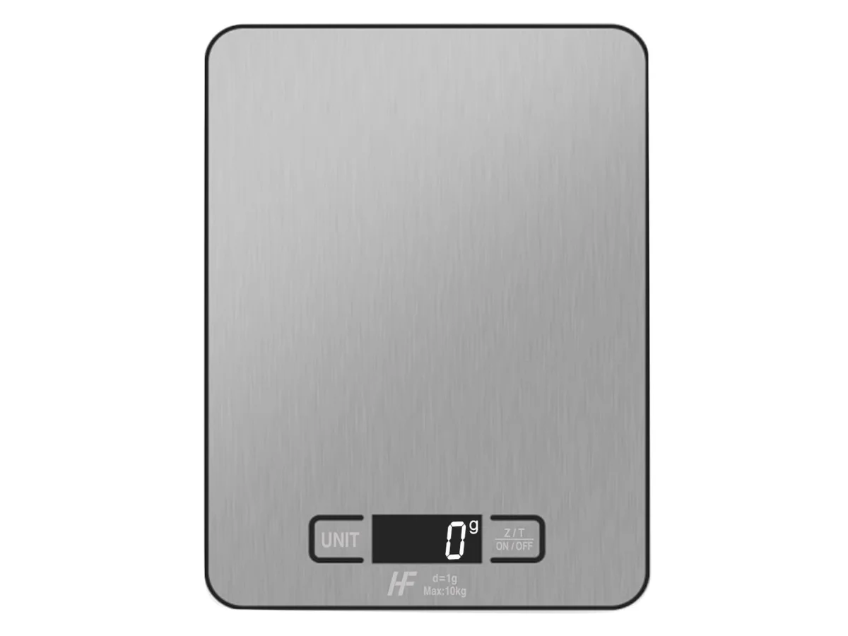 Flat stainless steel digital kitchen scales with a 10kg capacity, perfect for weighing heavy raw dog food portions and bones.