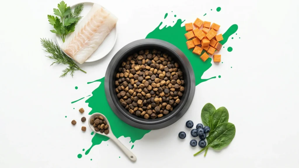 Best dog food for sensitive stomachs flat lay featuring fresh white fish, diced sweet potato, and green herbs around a bowl of kibble.