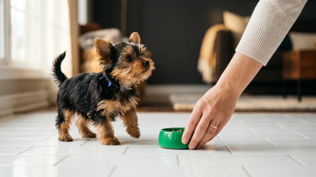 Best small breed puppy food portion being served to a Yorkshire Terrier puppy indoors