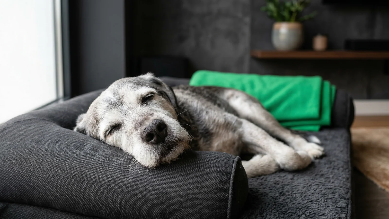 A close-up of an older dog's grey muzzle, highlighting the physical aging signs discussed in our dog age guide.