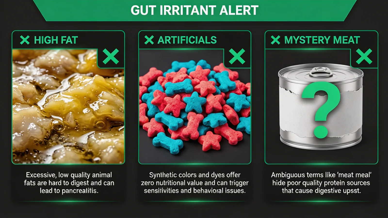 Ingredients to avoid in dog food for dogs with sensitive stomachs including high fat, artificial dyes, and unidentified meat meals.