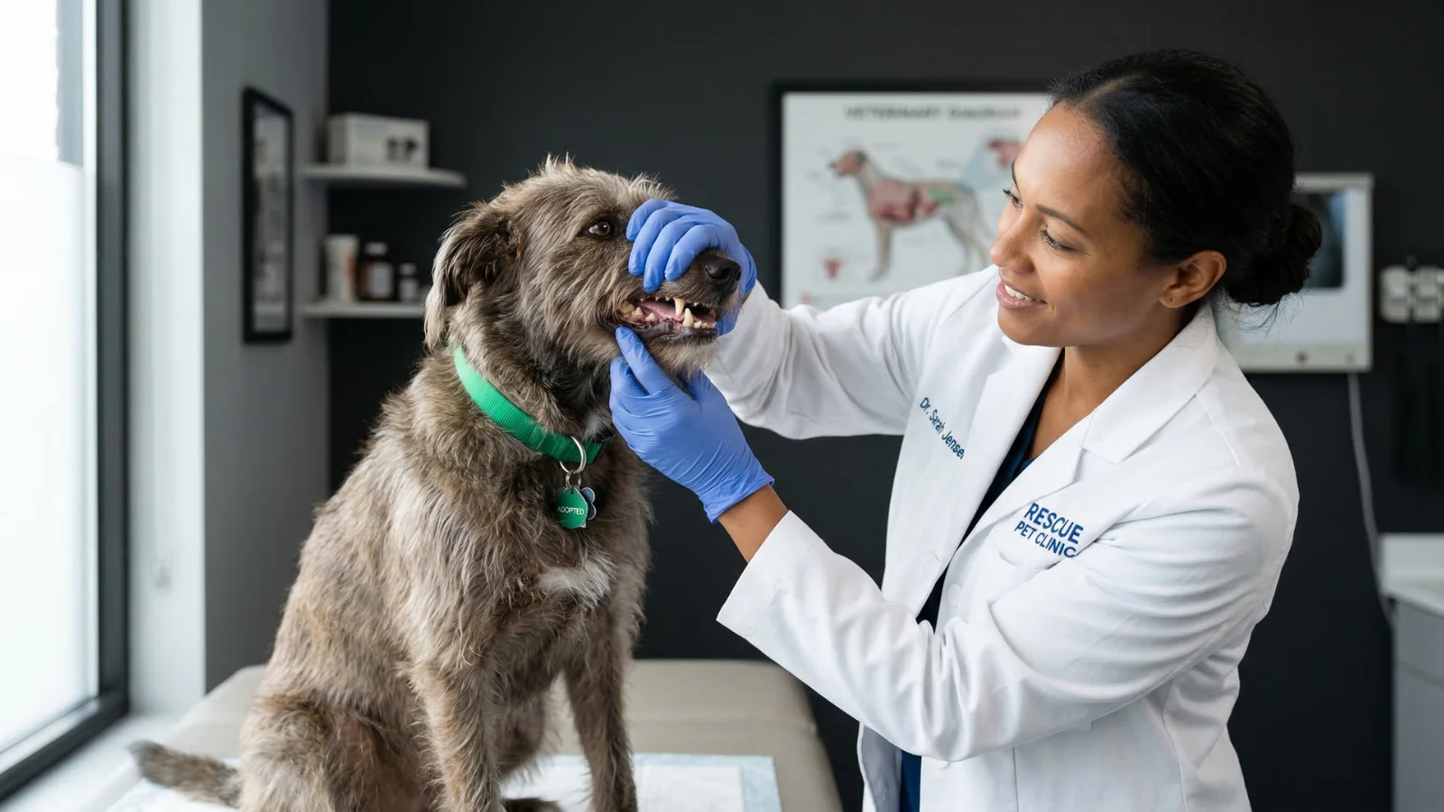 A gentle examination of a rescue dog's teeth to help the owner figure out how old is my dog.
