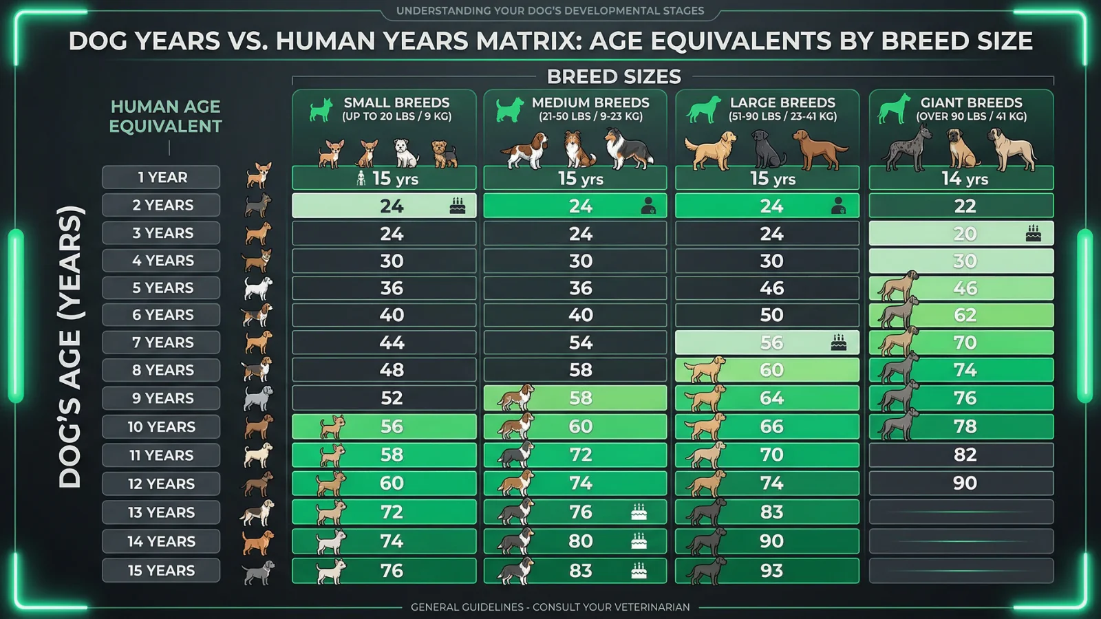 A detailed dog age chart matrix showing the human year equivalents for small, medium, large, and giant dog breeds.