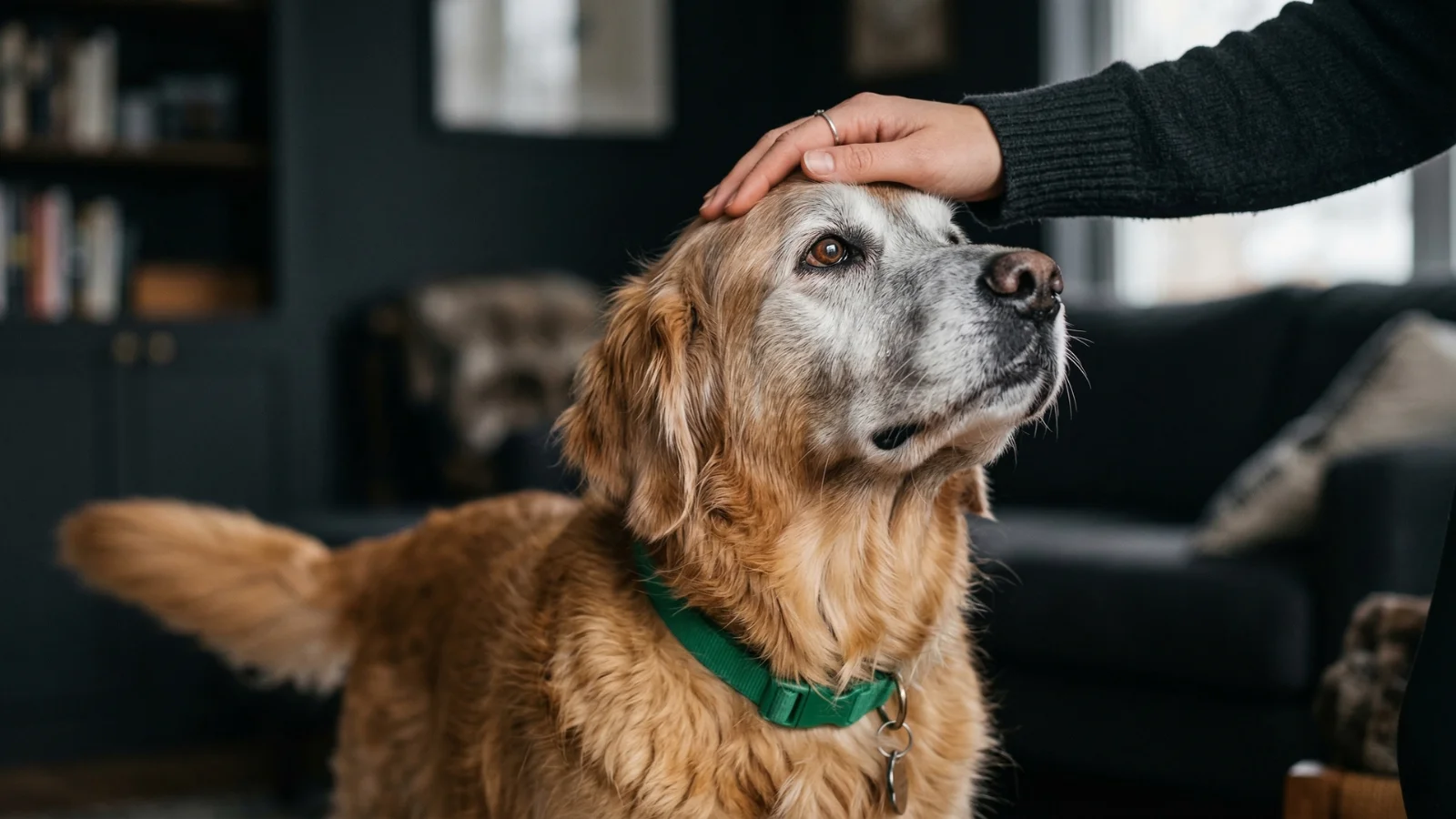 A grey-muzzled senior dog looking lovingly at its owner, answering the question how old is my dog in human years.