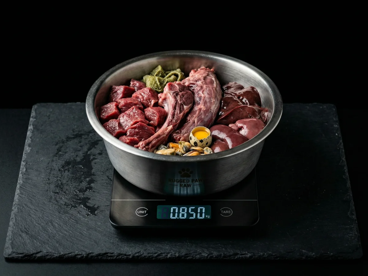 Raw Dog Food Meal Prep Station and Scales A stainless steel dog bowl on a digital scale, used alongside a raw dog food calculator to perfectly portion a diet of raw muscle meat, bone, and liver.