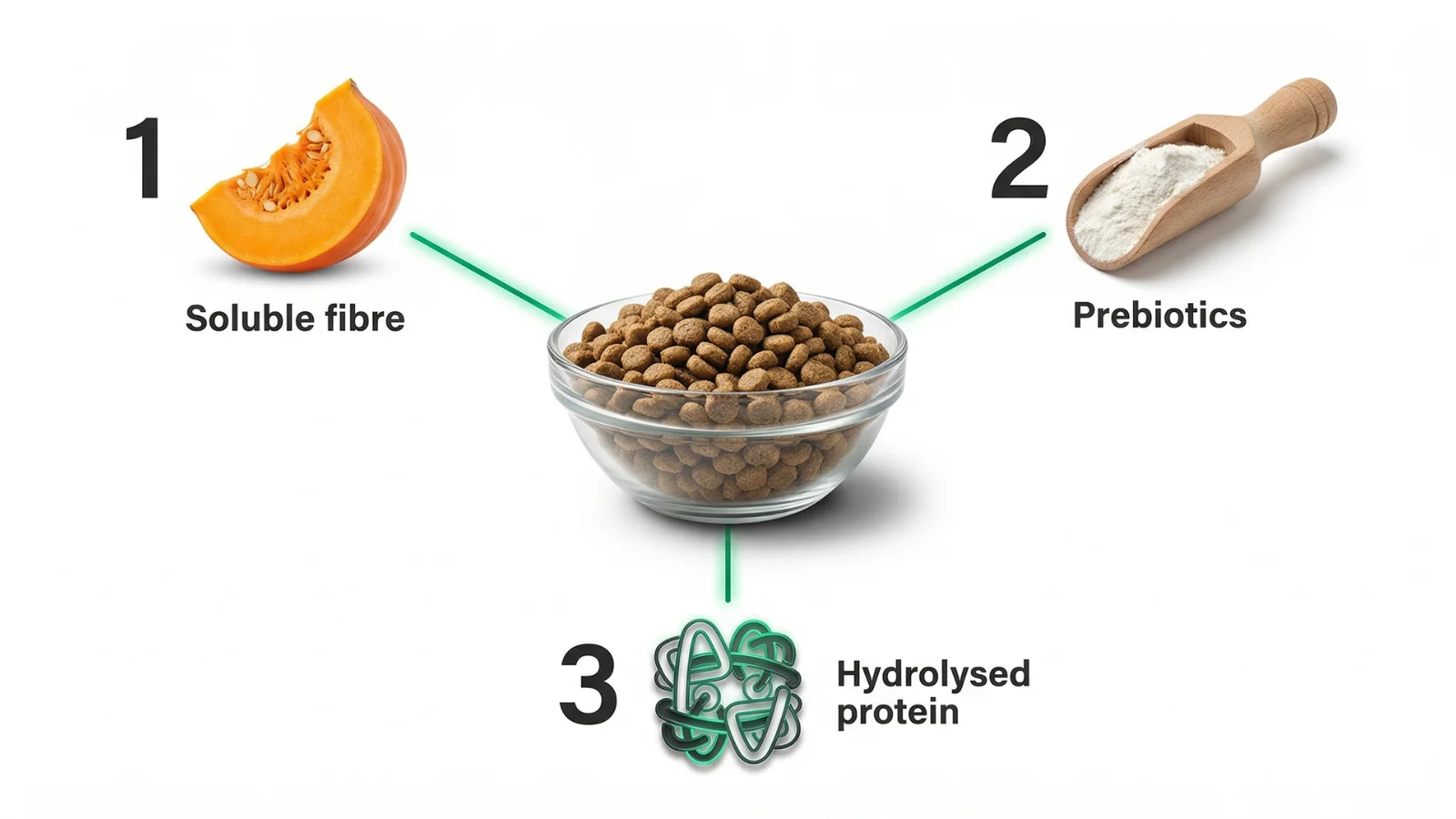 Sensitive tummy dog food ingredients including prebiotics, hydrolysed protein, and soluble fibre.
