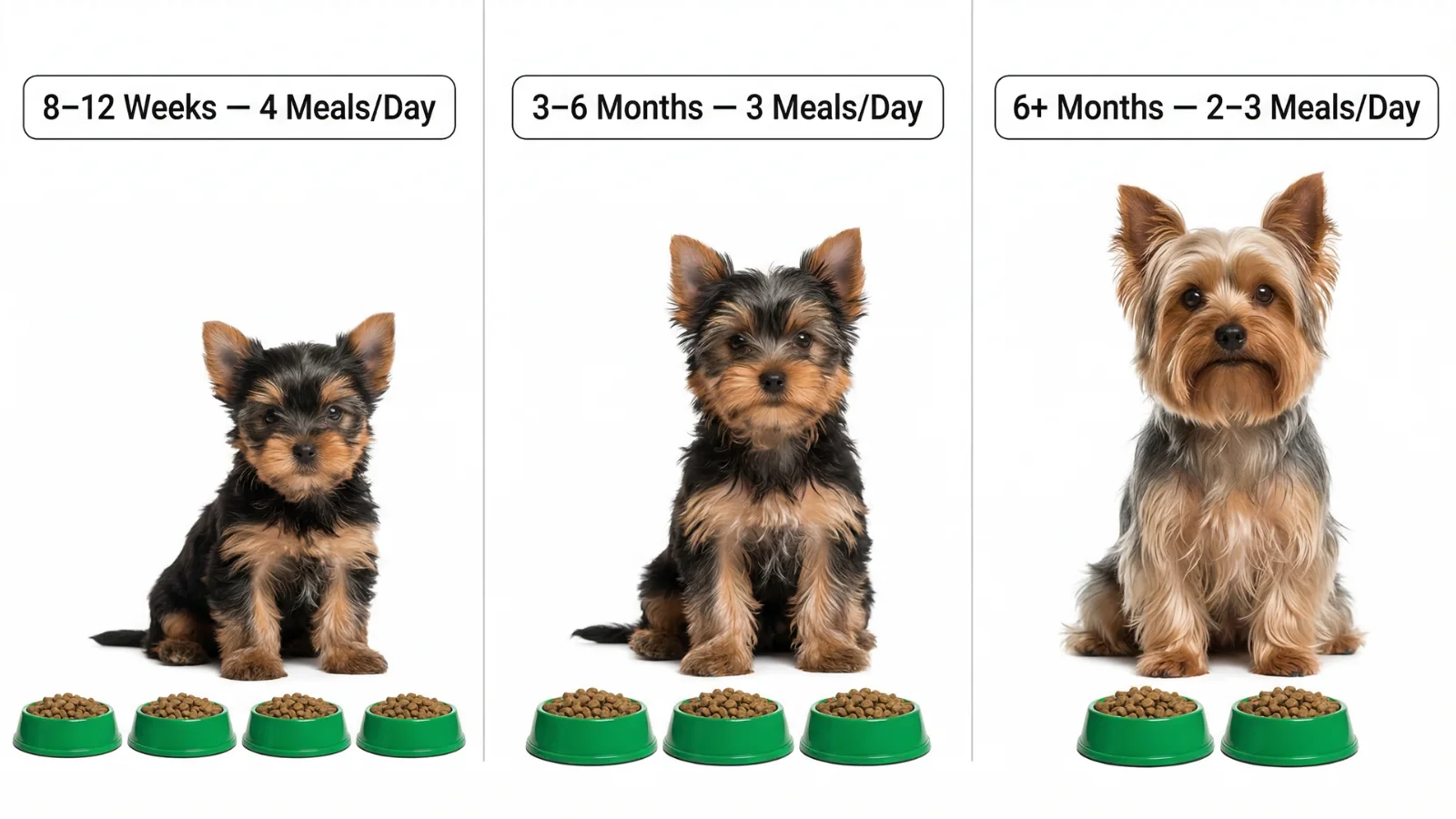 A visual small breed puppy feeding schedule showing the transition from four meals a day down to two as they grow.