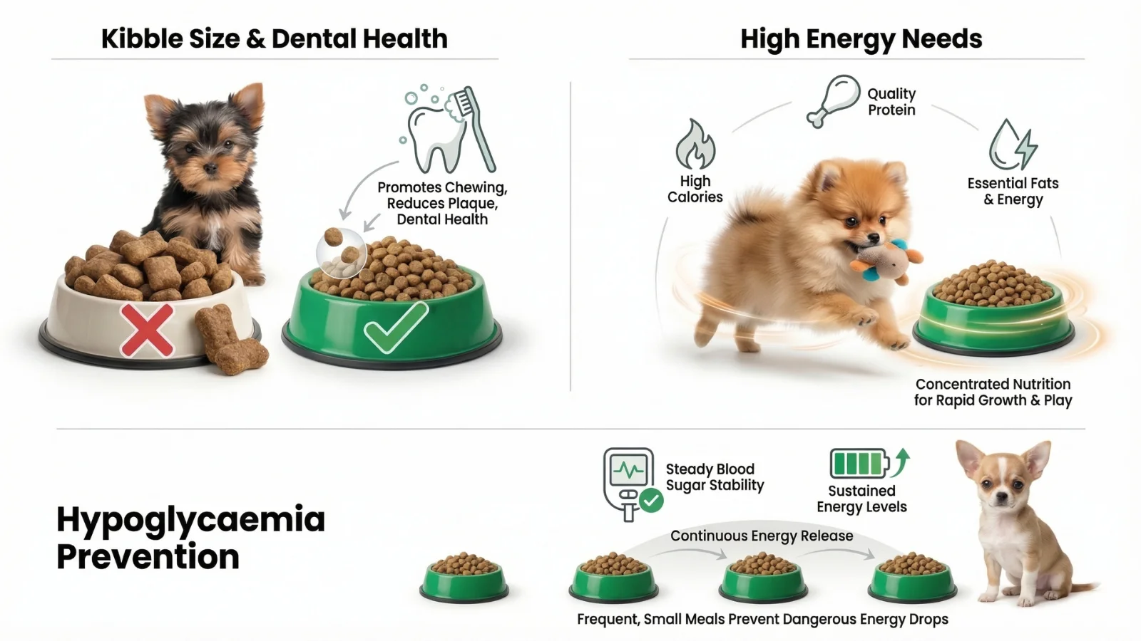 An educational guide on small breed puppy nutrition, explaining why tiny dogs require smaller kibble and calorie-dense diets.