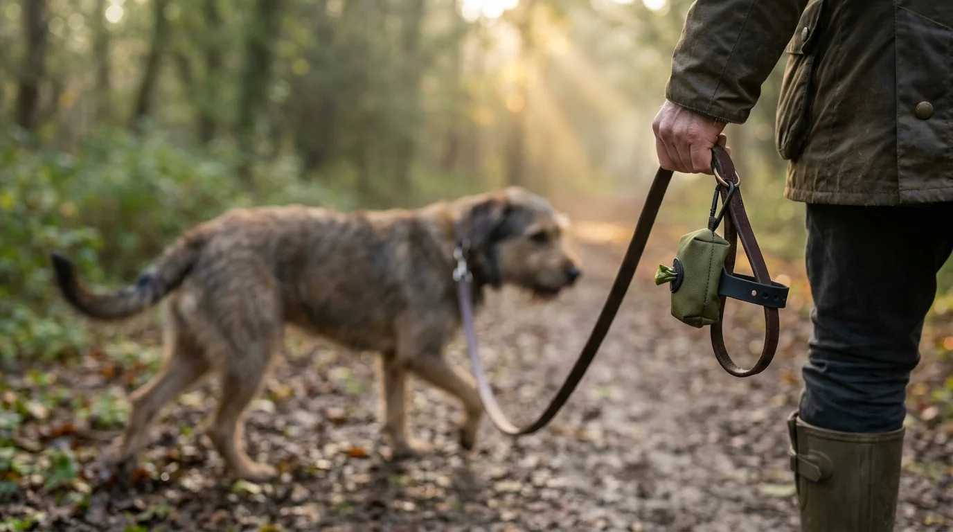 Dog owner walking a large dog on a lead through UK woodland, with a hands-free dog poop bag holder clipped to the lead