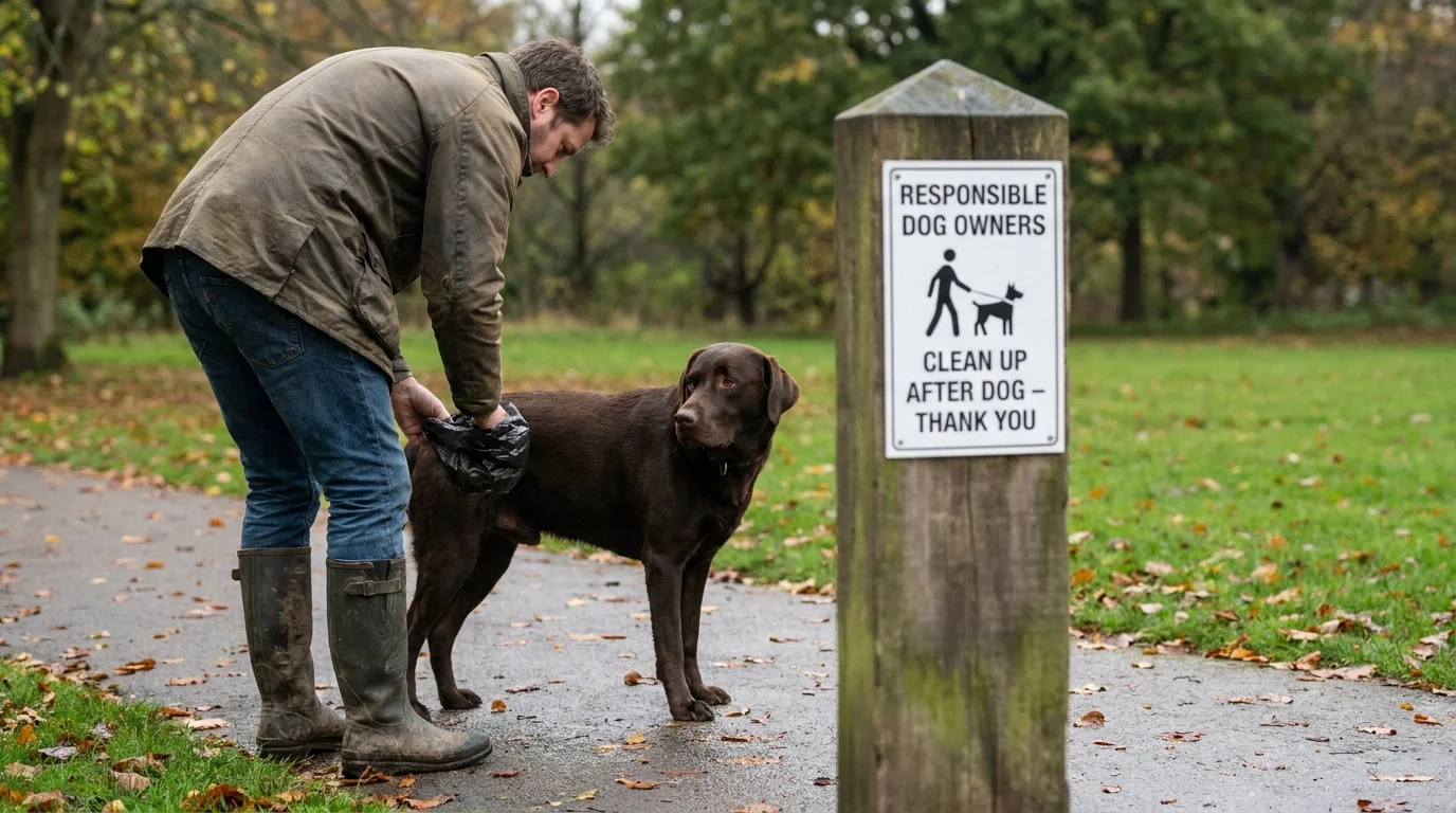 Dog owner picking up after their dog on a UK park path, next to a responsible dog ownership sign