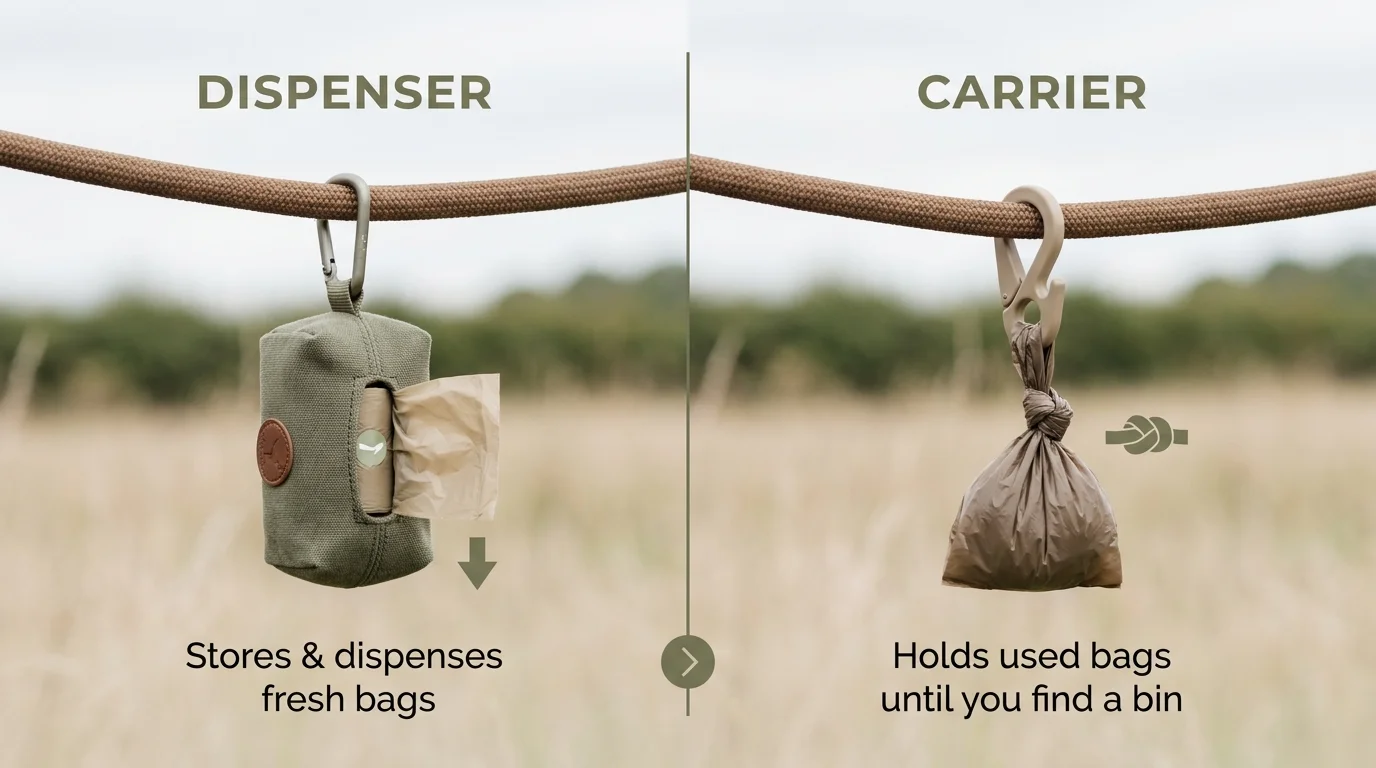 Infographic comparing a dog poop bag dispenser and a carrier, showing how each attaches to a lead